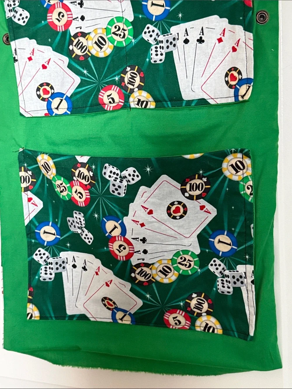 Vintage Poker-Themed Hanging Organizer in Green cards chips dice Vegas storage